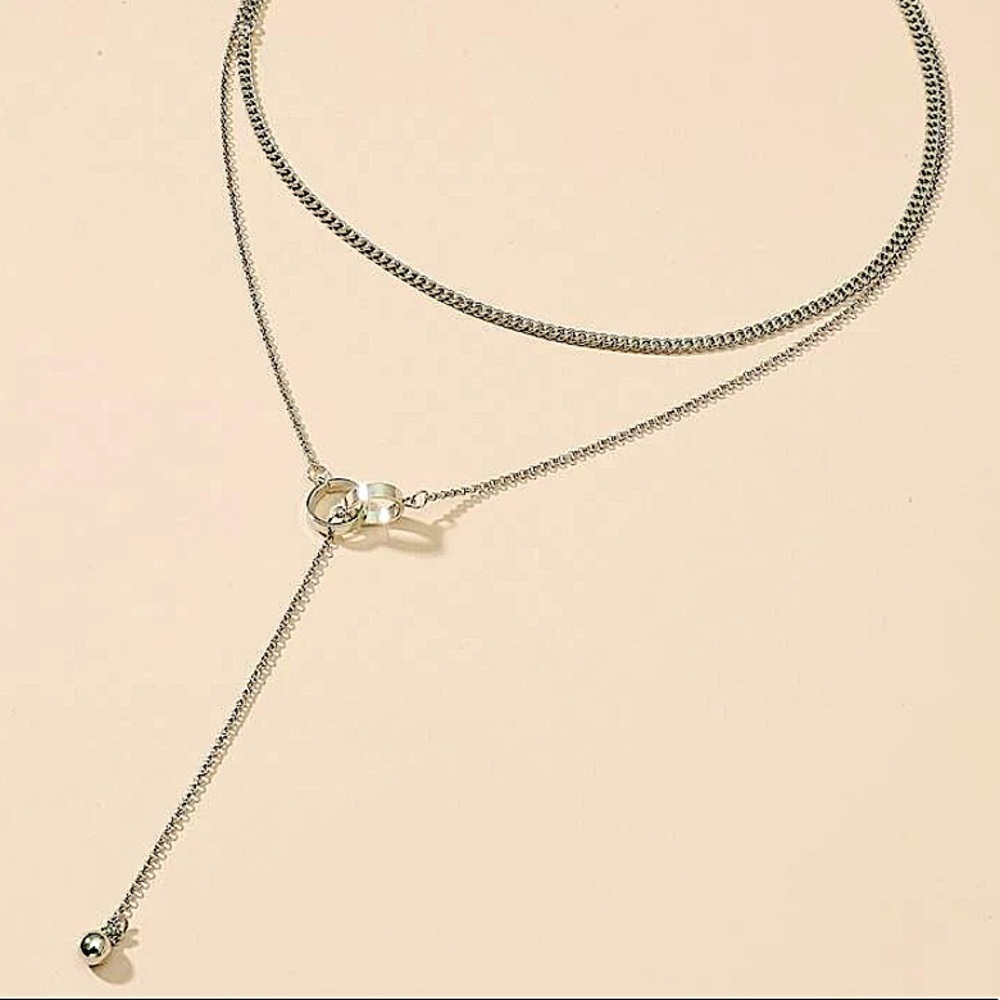 Silver Y Lariat Drop Ball Choker Necklace - Picture 2 of 4